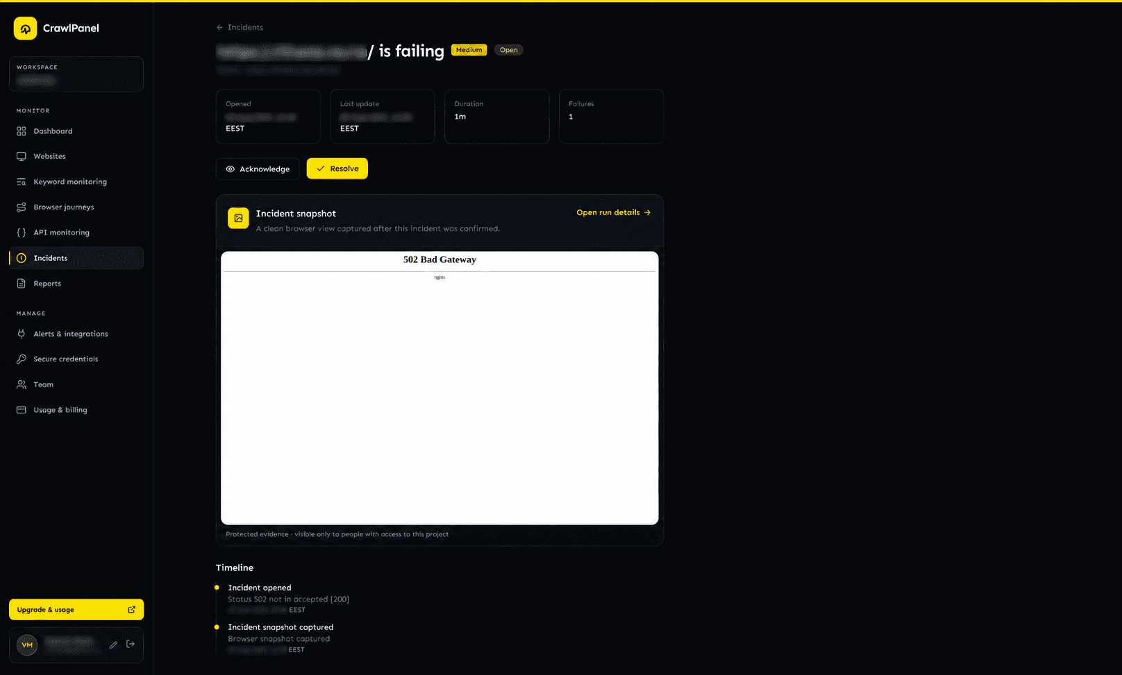 An anonymized CrawlPanel incident dashboard showing a confirmed website failure, protected 502 evidence and a timeline