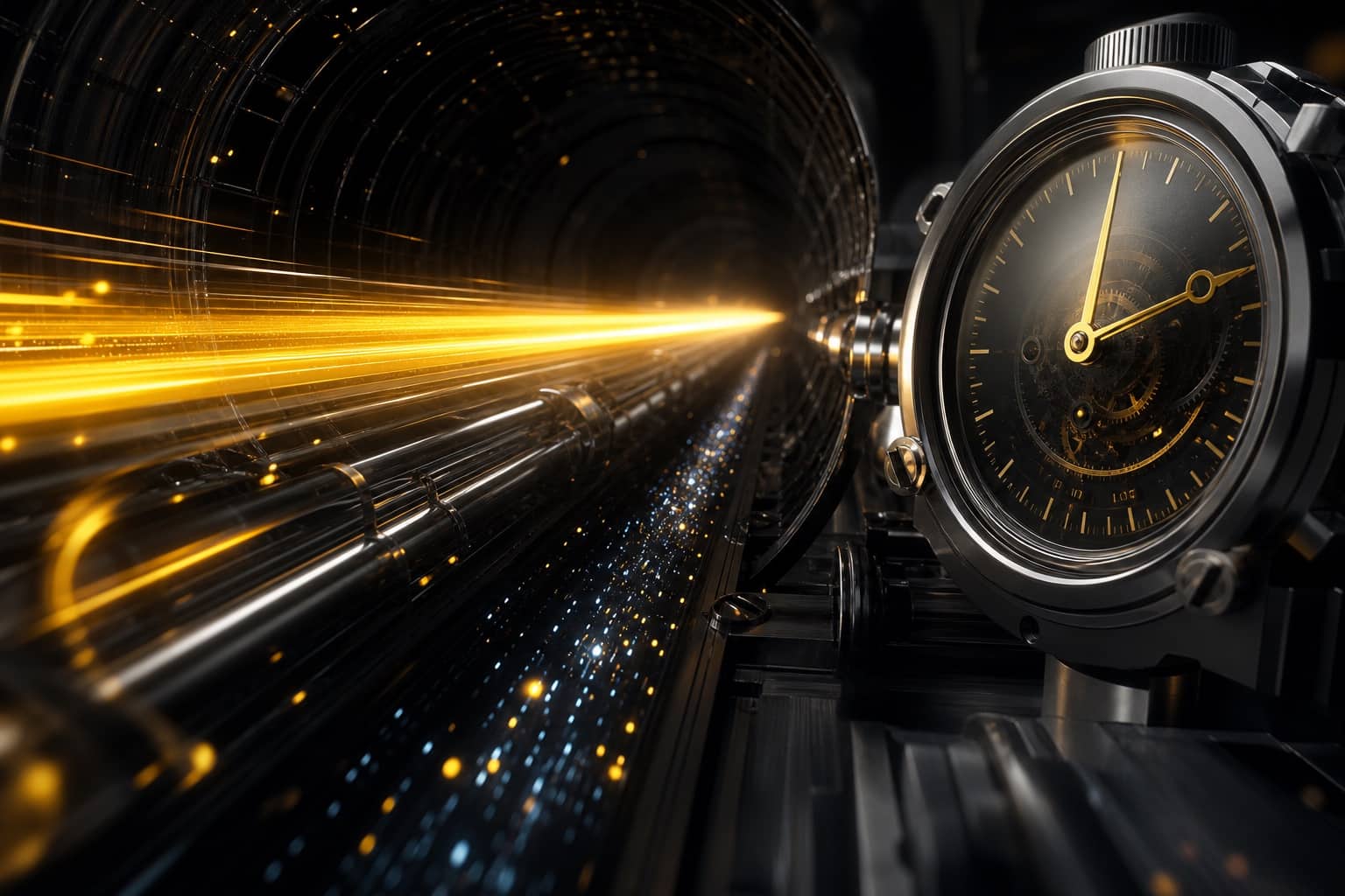 A golden light pulse racing through a precision tunnel beside a timer