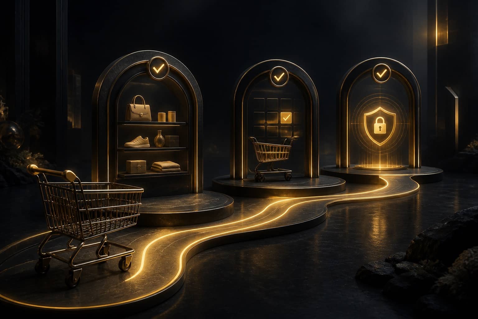 A shopping cart moving through illuminated product, cart and checkout checkpoints
