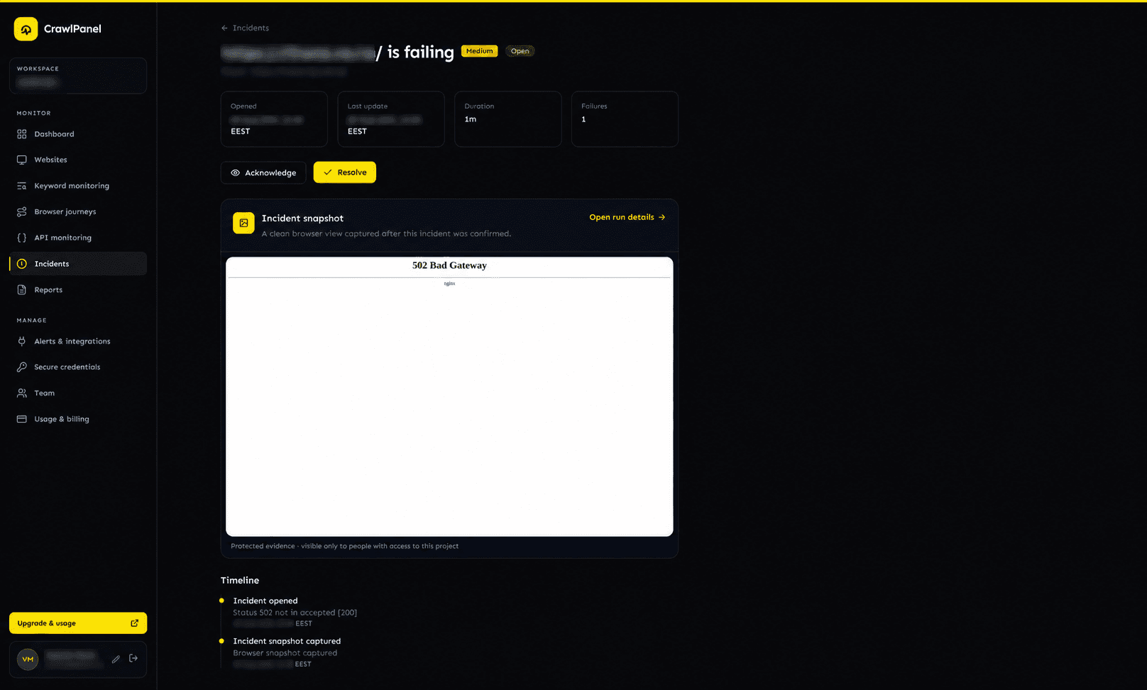 An anonymized CrawlPanel incident dashboard showing a confirmed website failure, protected 502 evidence and a timeline