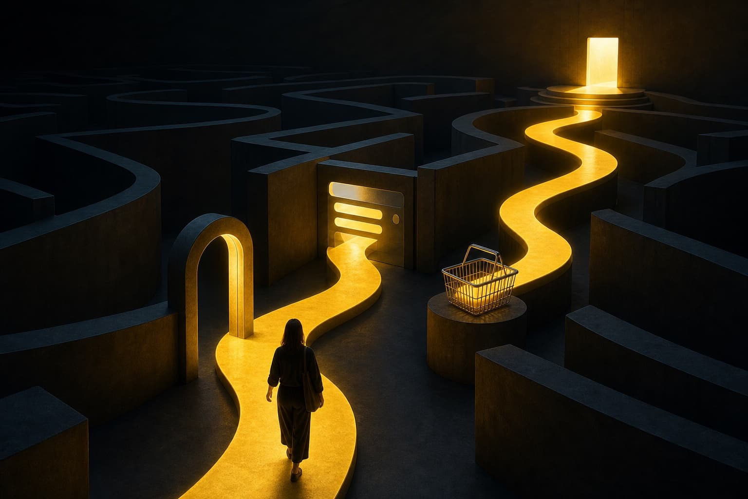 A person following a golden path through a maze of customer journey checkpoints