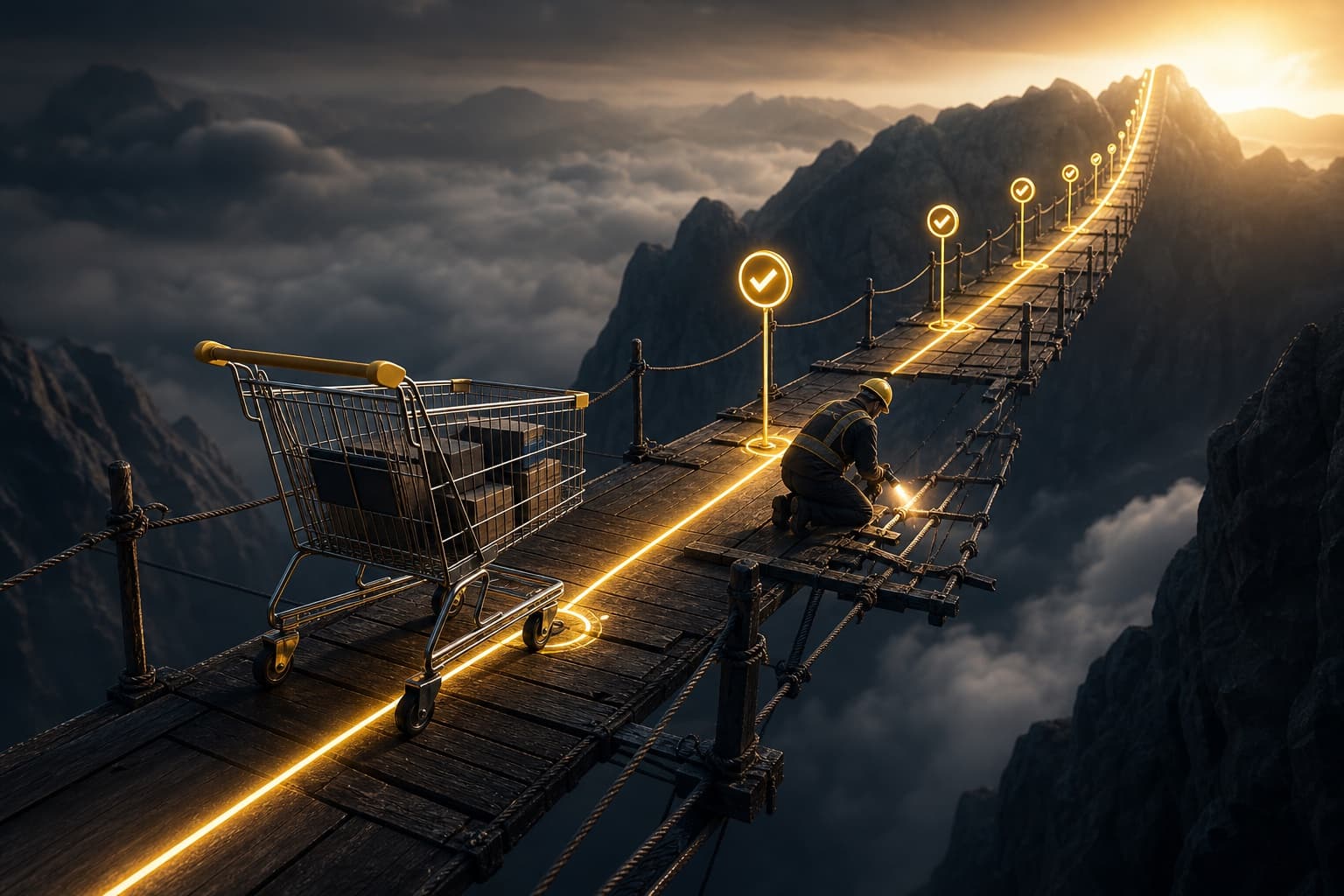 A shopping cart crossing an inspected bridge toward a bright destination