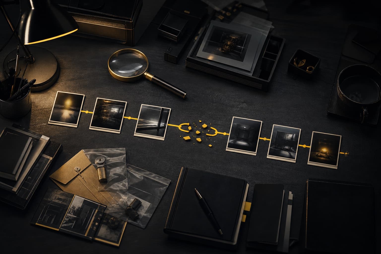 An investigator desk tracing photographs to a visibly broken link
