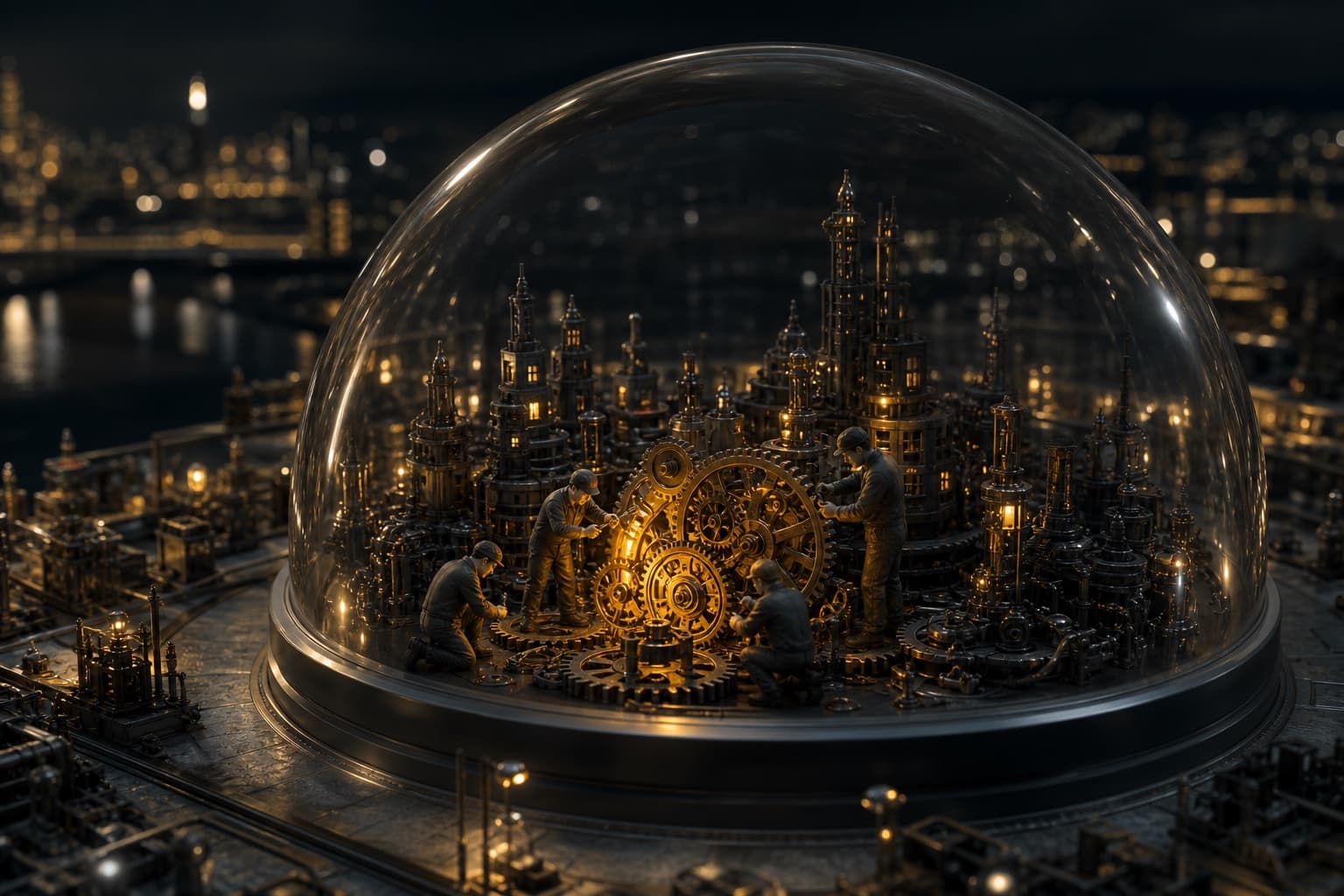 Technicians repairing golden clockwork inside a protective glass dome