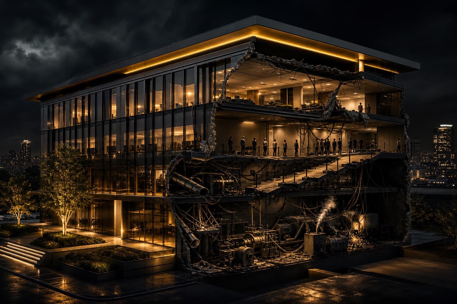 A modern building with a healthy exterior and broken machinery revealed inside