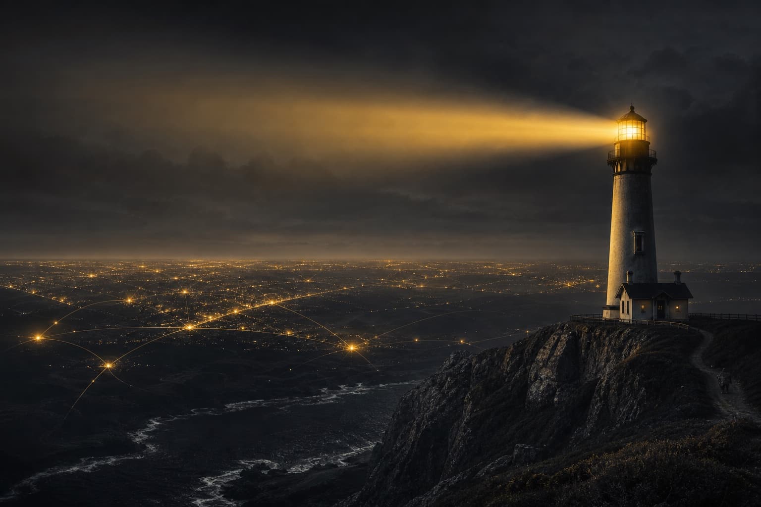 A lighthouse casting a golden beam over a connected city at night