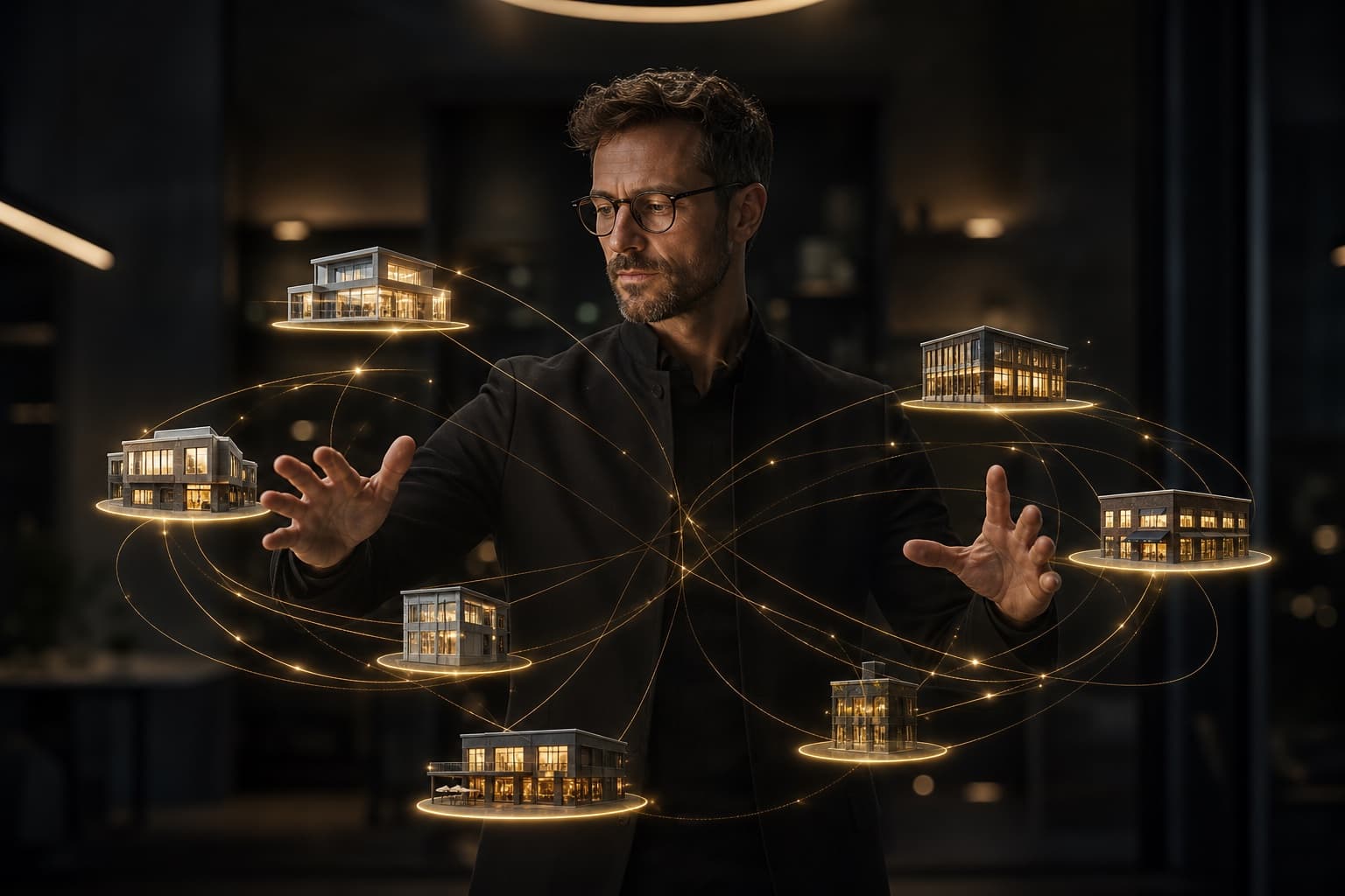 A creative director coordinating several connected miniature client buildings