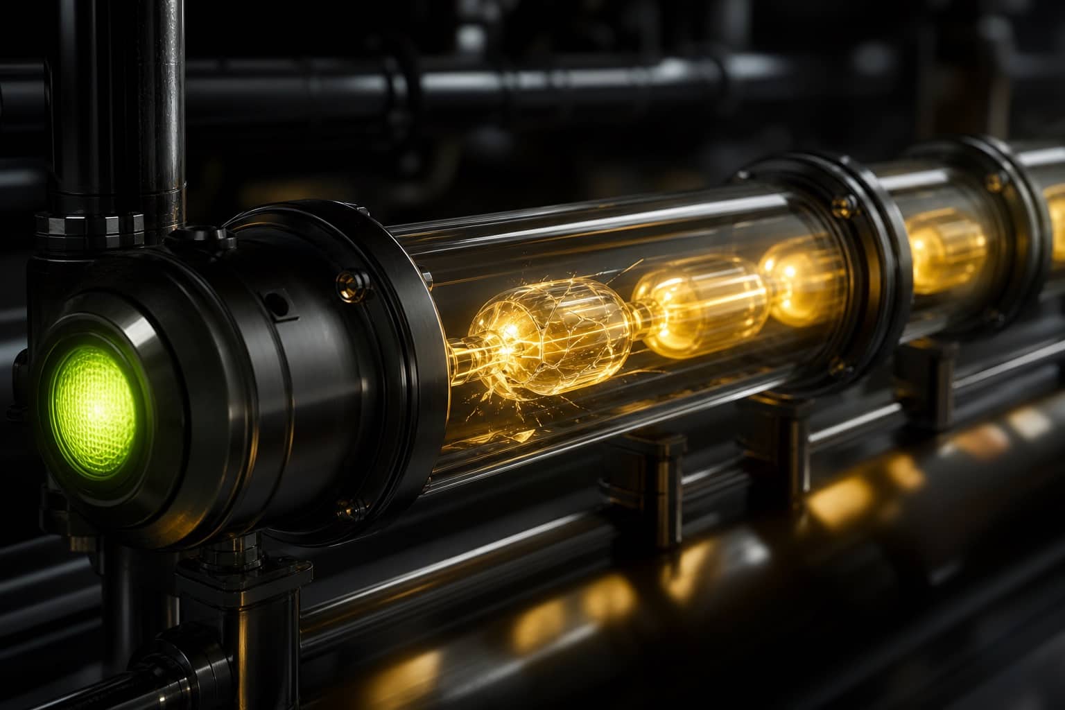 A cracked glowing capsule hidden inside a transparent data pipeline