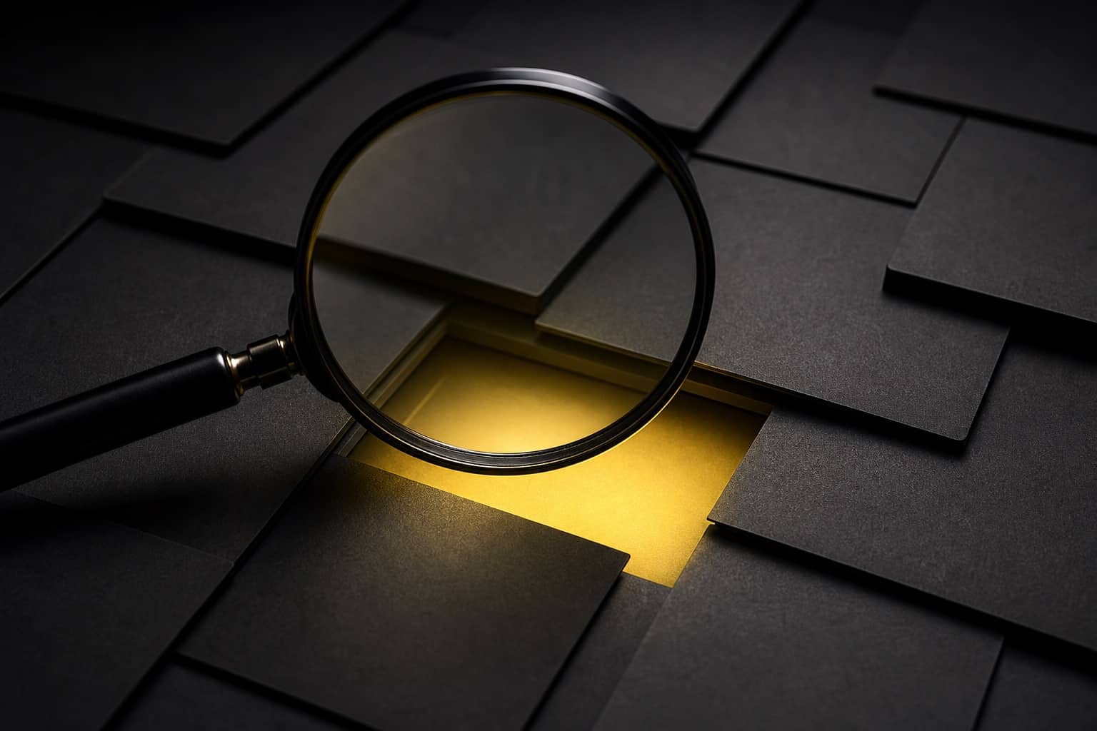 A magnifying glass revealing a missing illuminated tile among dark tiles