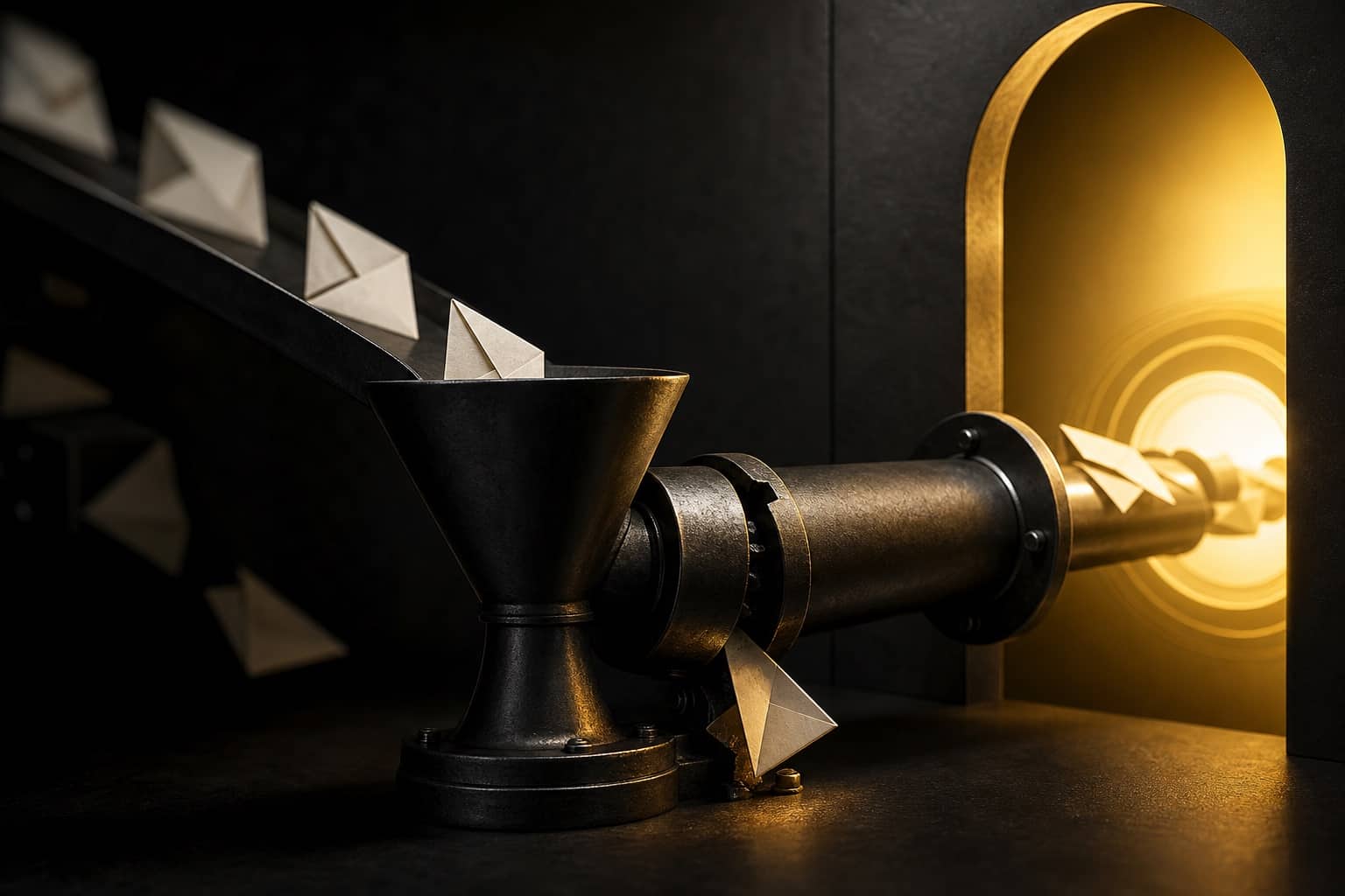 Paper messages moving through a mechanical funnel with one caught at a break