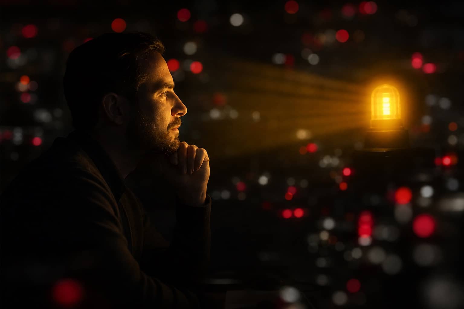 A calm operator focusing on one clear golden signal amid blurred alarms