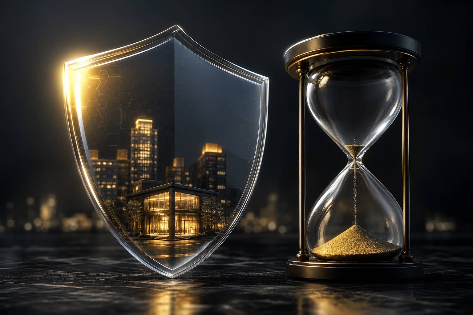 A glass shield protecting a city beside an hourglass with golden sand