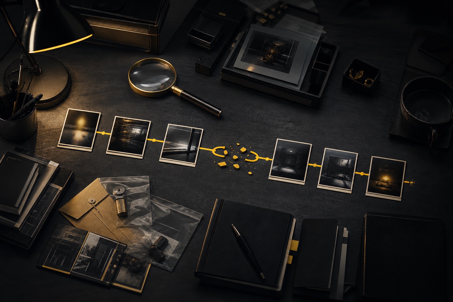 An investigator desk tracing photographs to a visibly broken link