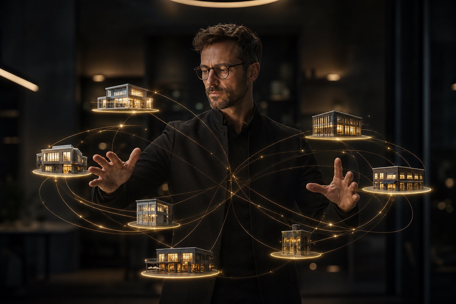 A creative director coordinating several connected miniature client buildings